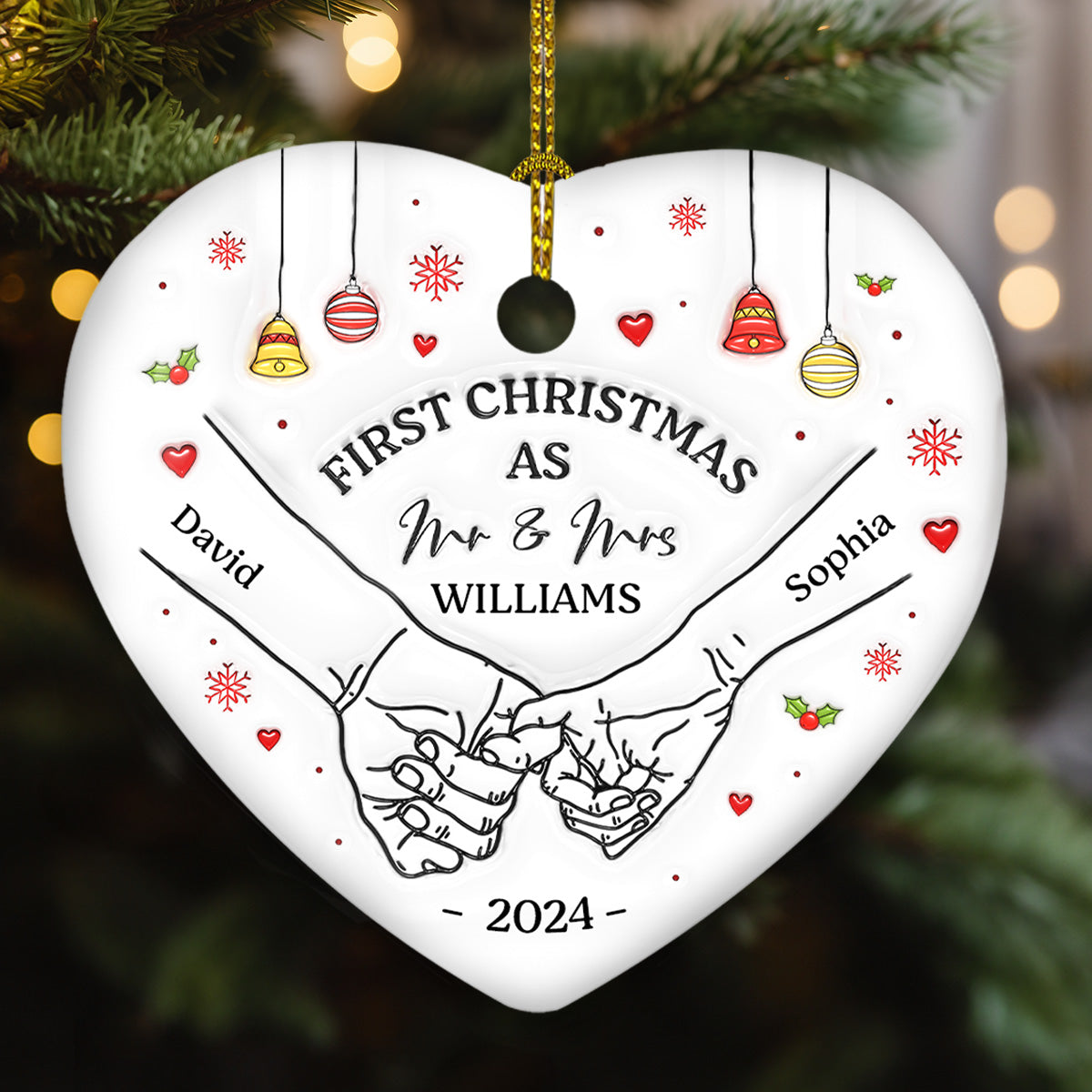 Custom First Christmas Ornament Married, Gift for Newlyweds •  Our First Christmas Heart - Personalized 3D Inflated Effect Heart Ceramic Ornament