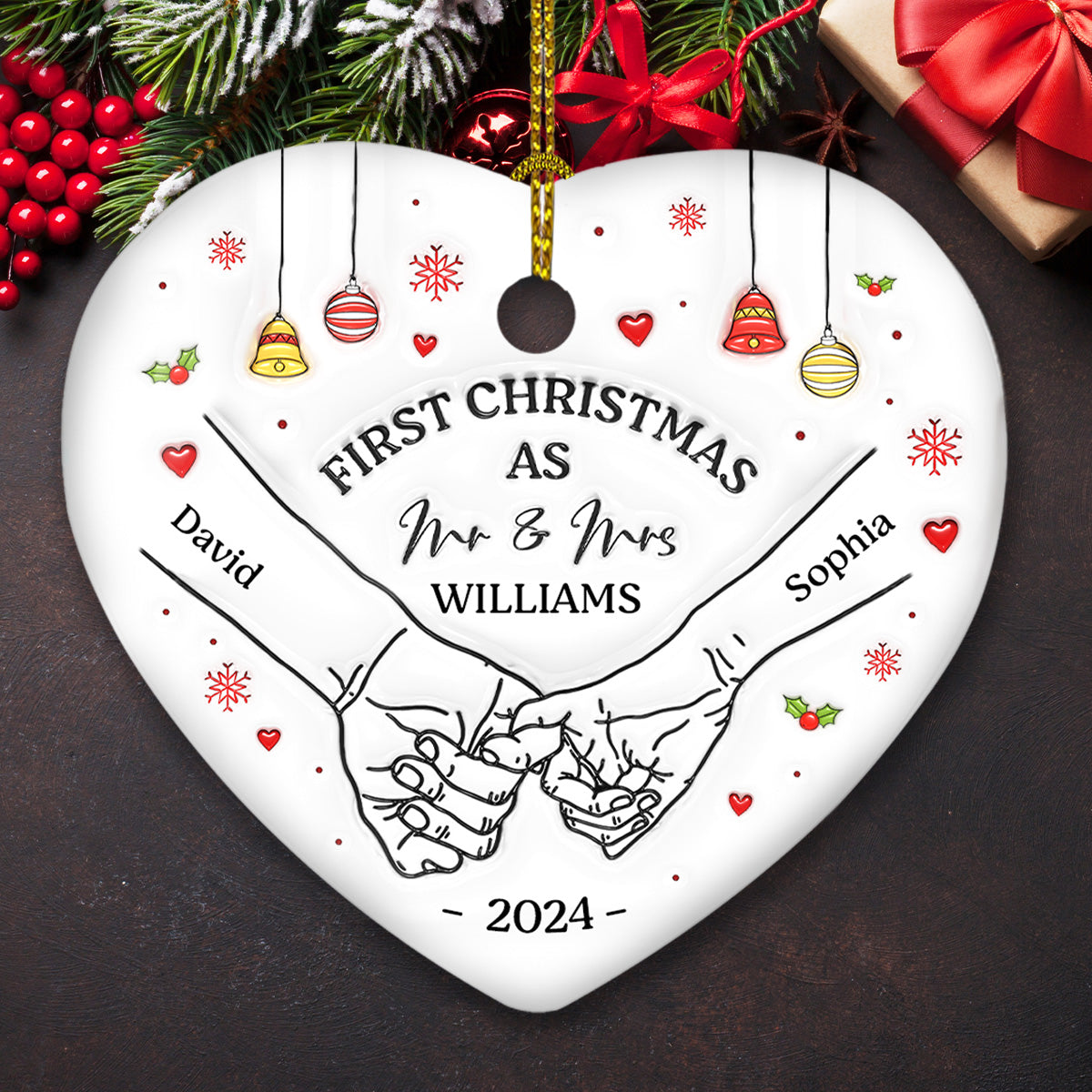Custom First Christmas Ornament Married, Gift for Newlyweds •  Our First Christmas Heart - Personalized 3D Inflated Effect Heart Ceramic Ornament