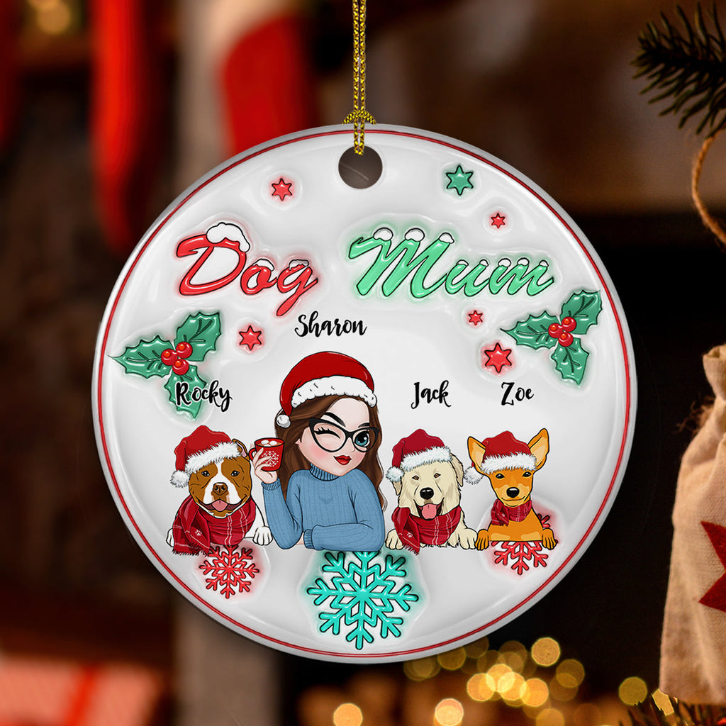 Custom Keepsake Christmas Ornament •  Dog Mom Pastel - Personalized 3D Inflated Effect Ceramic Ornament
