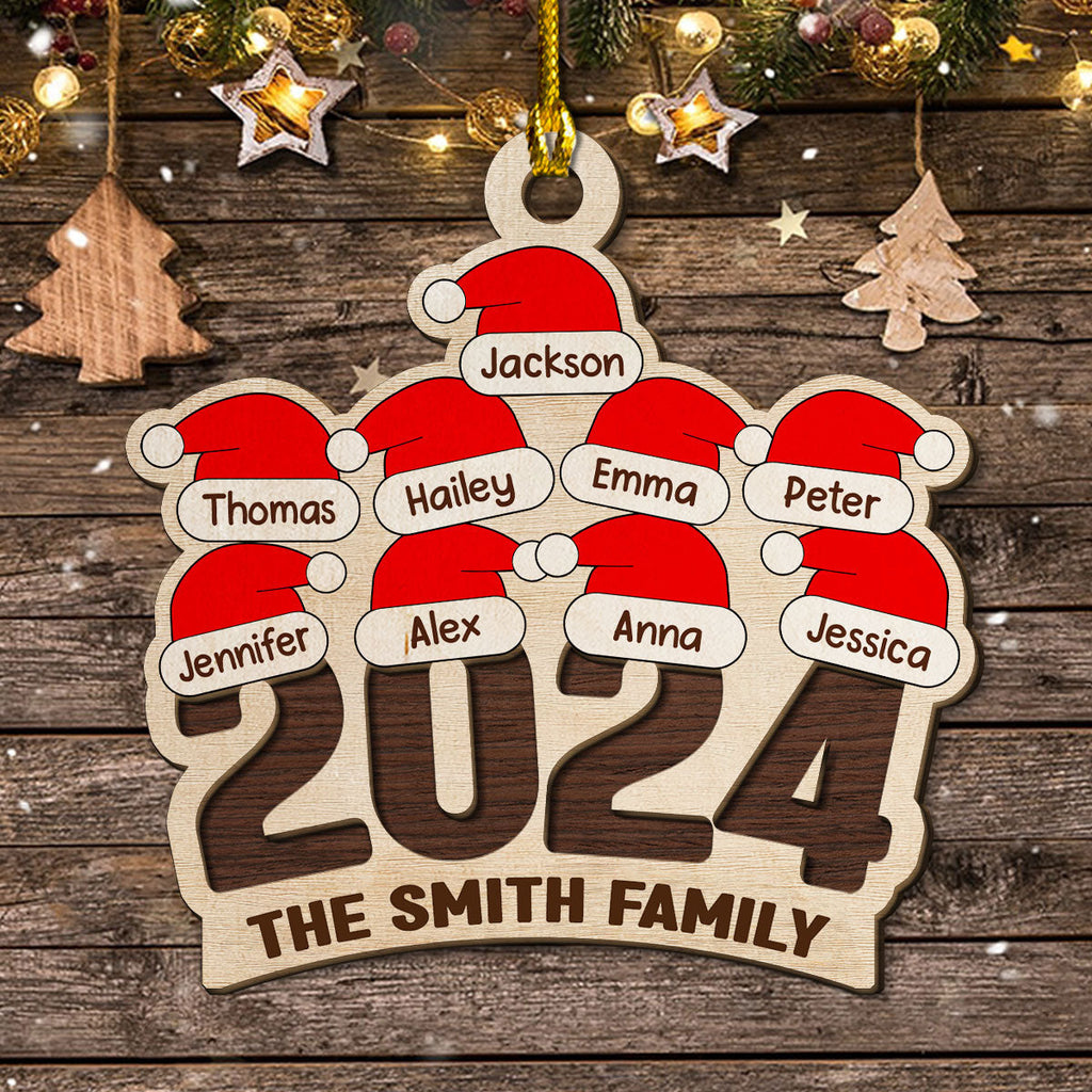 Custom Family Ornament, Christmas Gift for Family Members •  Family Santa Hat - Personalized 2-Layered Wood Ornament