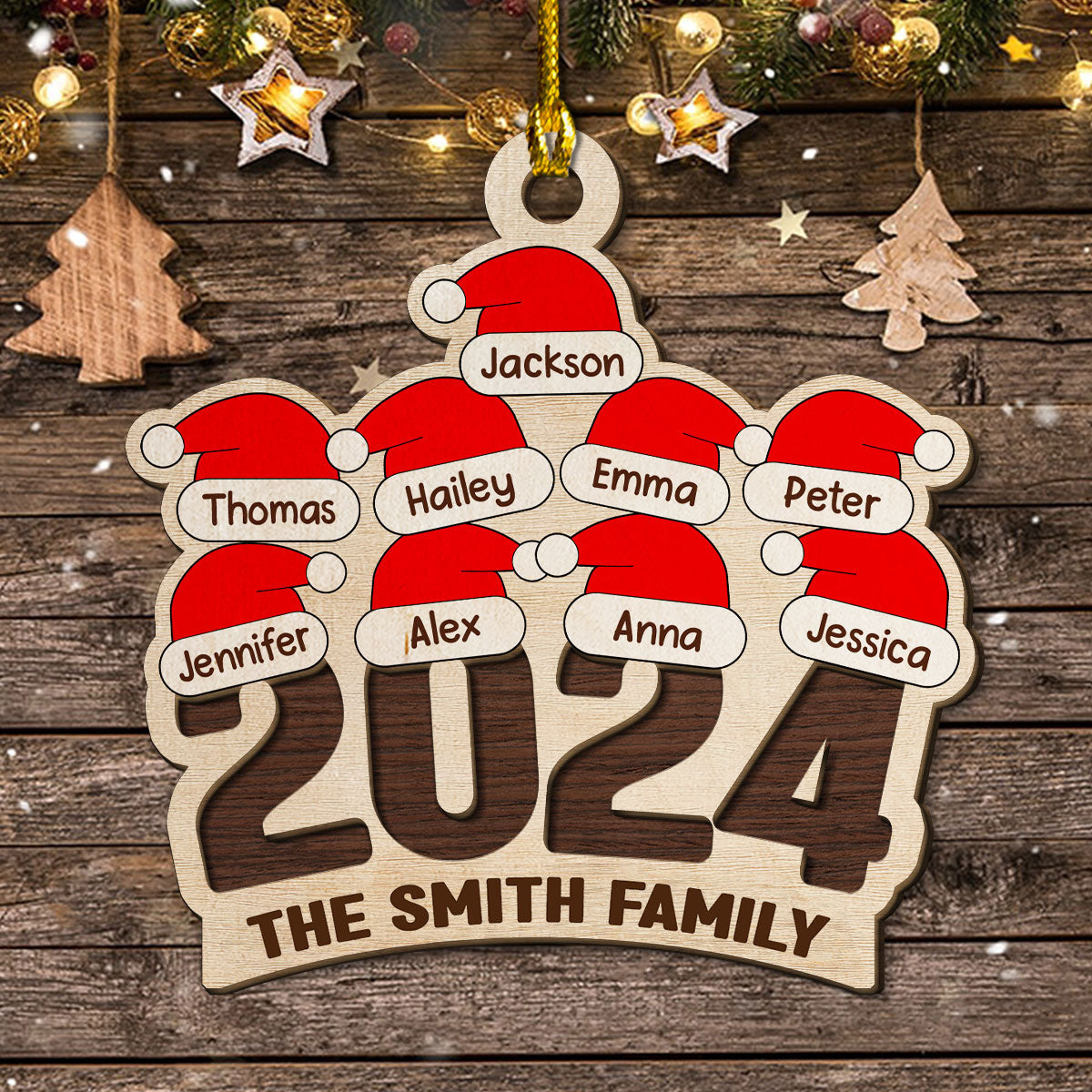Custom Family Ornament, Christmas Gift for Family Members •  Family Santa Hat - Personalized 2-Layered Wood Ornament
