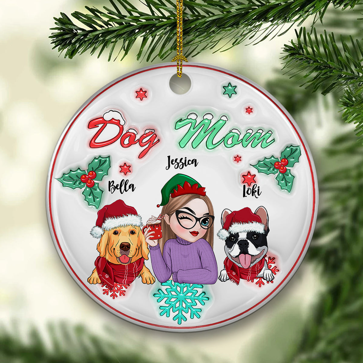 Custom Keepsake Christmas Ornament •  Dog Mom Pastel - Personalized 3D Inflated Effect Ceramic Ornament