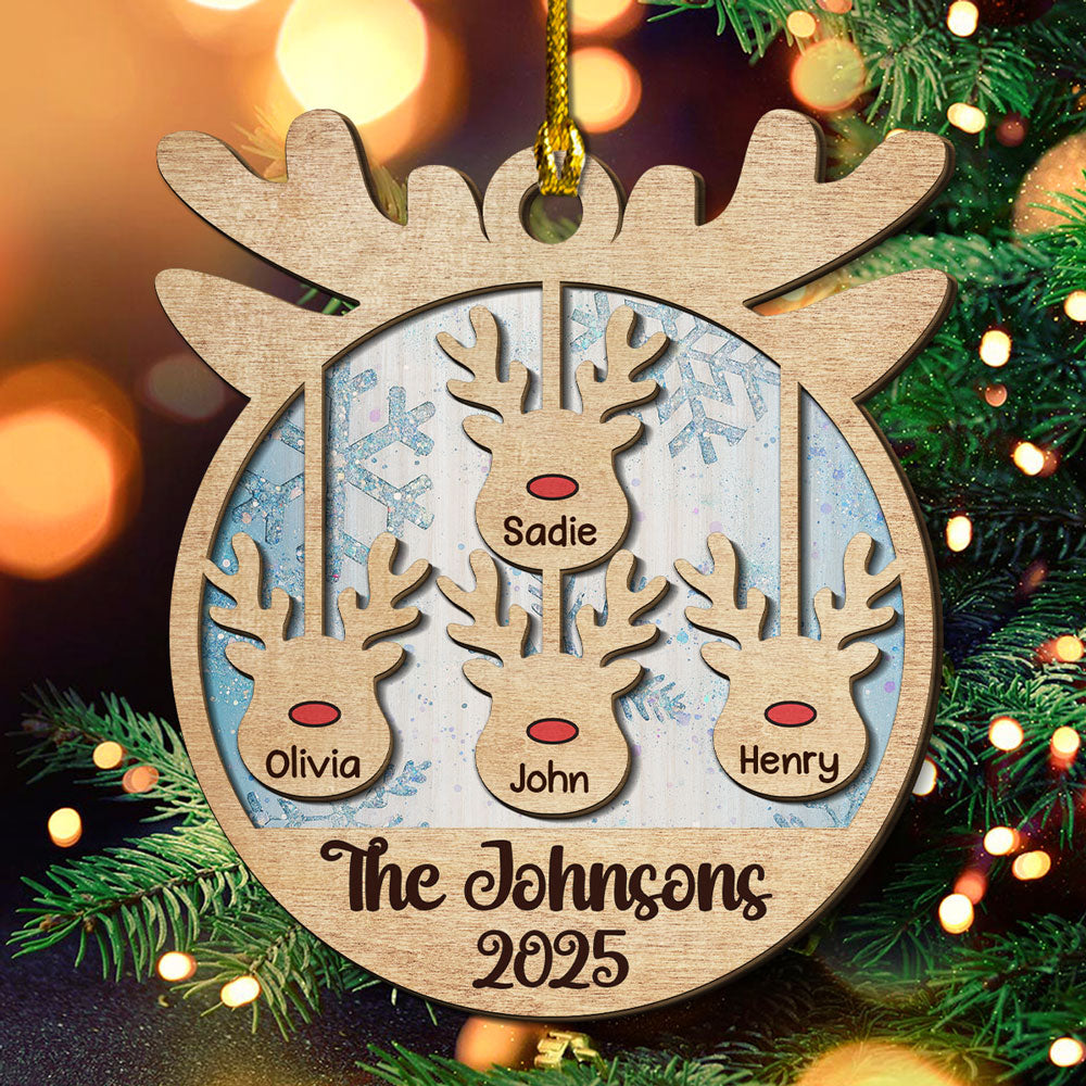 Custom Family Ornament, Christmas Gift for Family Members •  Reindeer Family Name - Personalized 2-Layered Wood Ornament