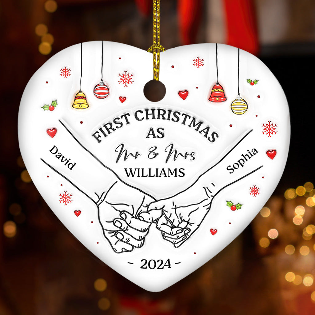 Custom First Christmas Ornament Married, Gift for Newlyweds •  Our First Christmas Heart - Personalized 3D Inflated Effect Heart Ceramic Ornament