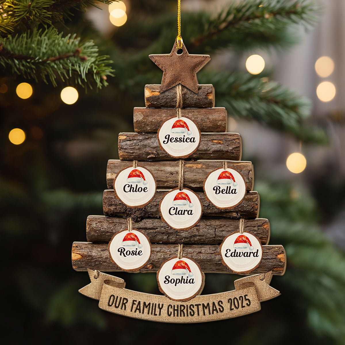Custom Family Ornament, Christmas Gift for Family Members •  Rustic Family Christmas Tree - Personalized Wood Ornament