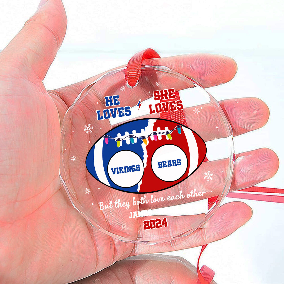 Custom Keepsake Christmas Ornament •  He Loves, She Loves Teams - Personalized Glass Ornament