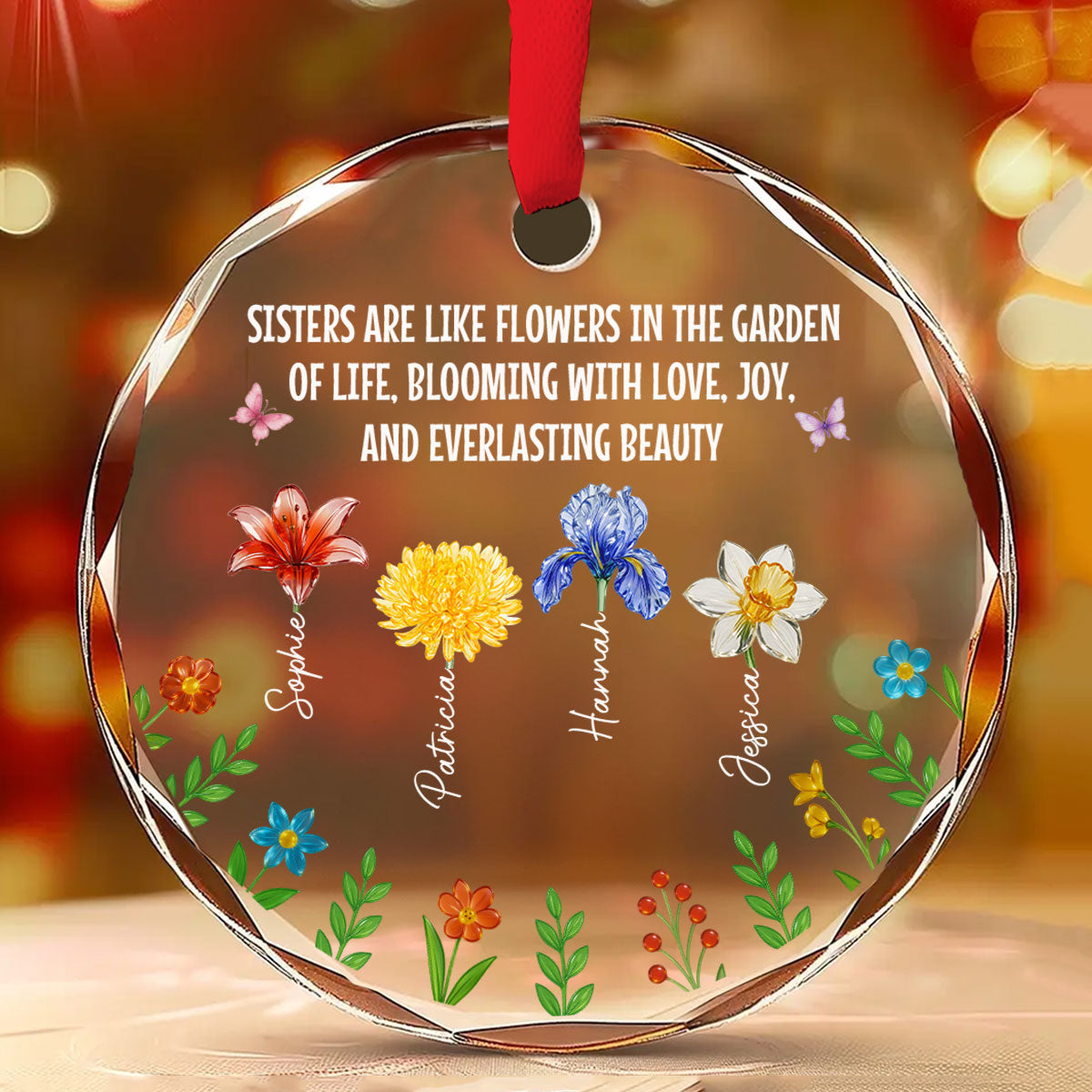Custom Sister Christmas Ornament •  Sisters Bloom With Love And Joy - Personalized Glass Ornament