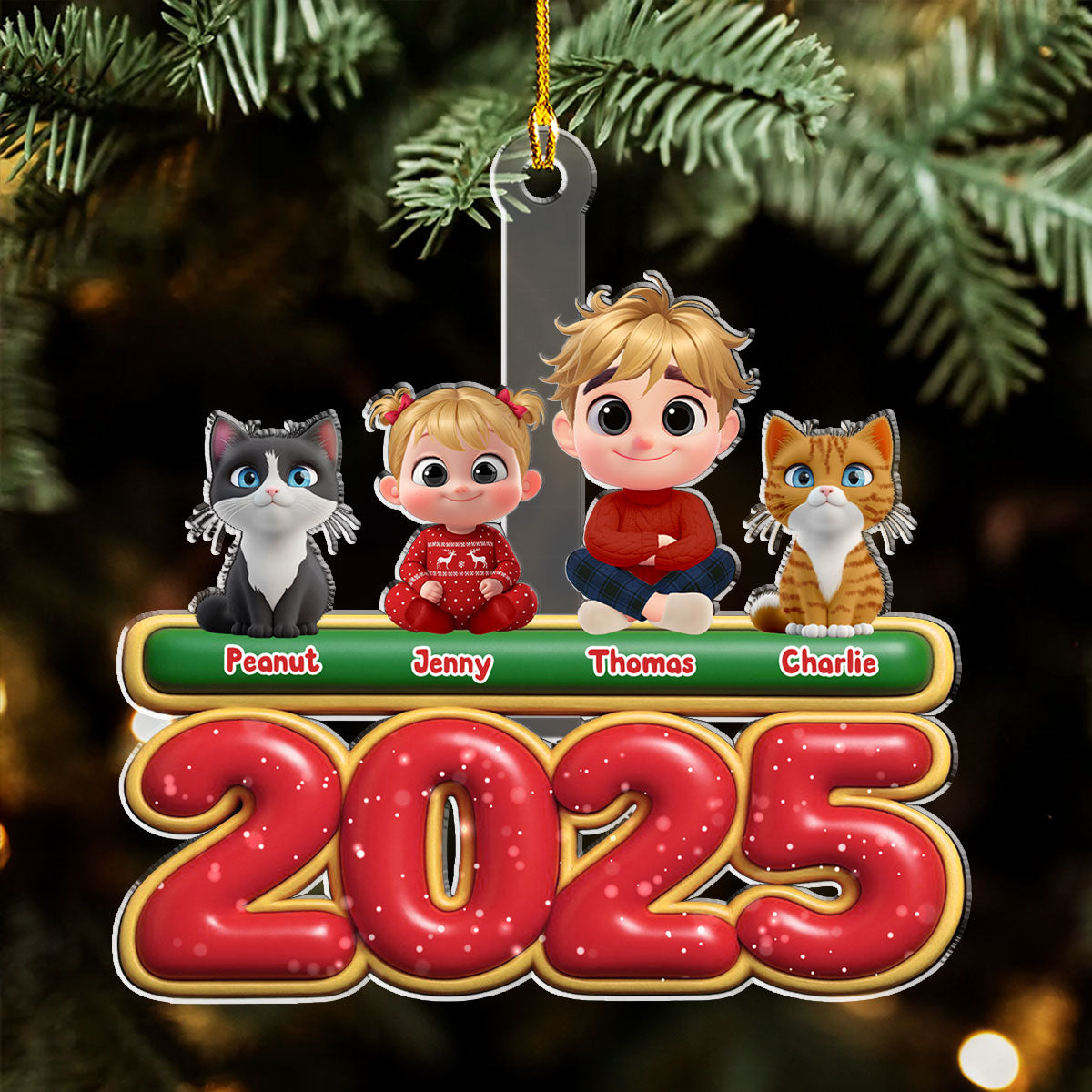 Custom Family Ornament, Christmas Gift for Family Members •  My Kids Is Here Cat Version - Personalized Acrylic Ornament