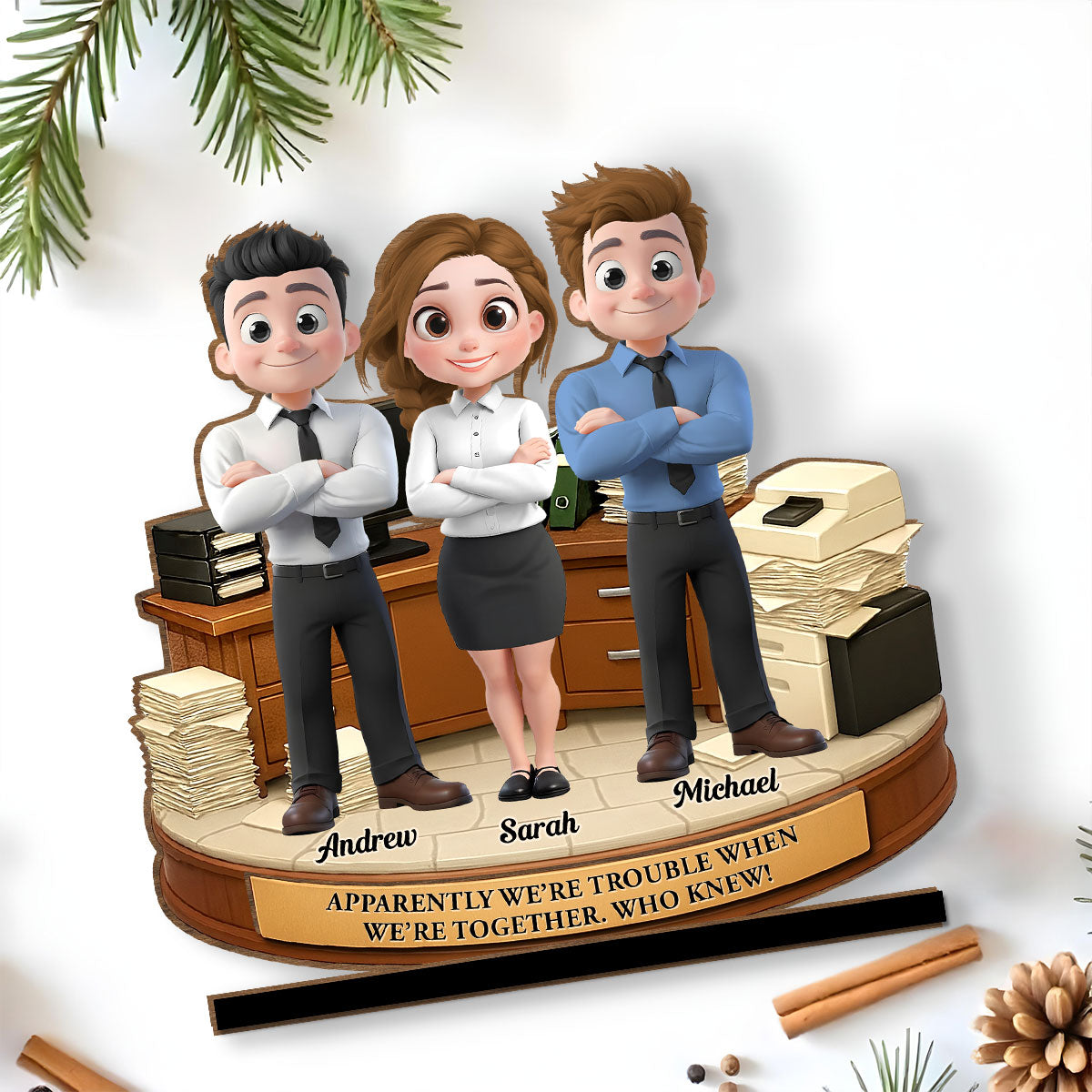 Custom Decor, Christmas Birthday Anniversary Gift Keepsake • Work Besties Trouble - Personalized 2-Layer Wood Plaque With Flat Base