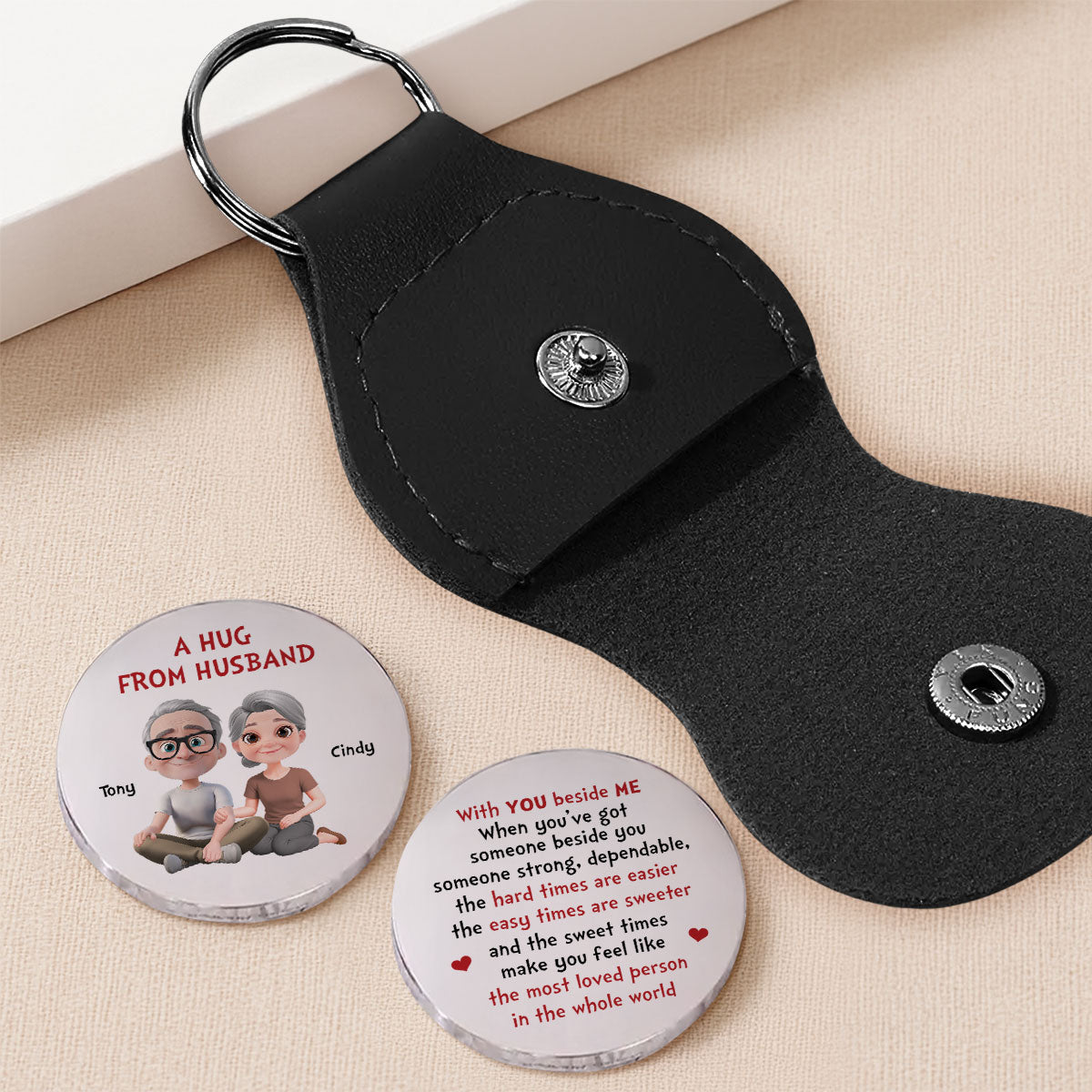 Custom Coin Keychain for Wife, Couple Anniversary Valentine's Day Gifts • With You Beside Me - Personalized Pocket Hug