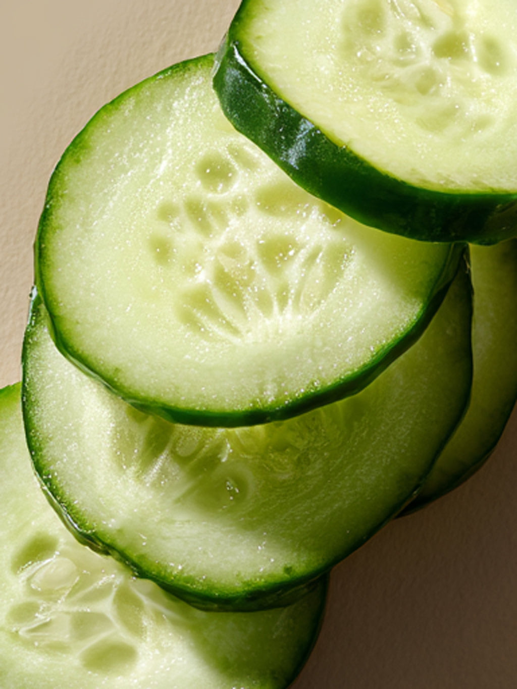Close-up of sliced cucumbers on a beige background