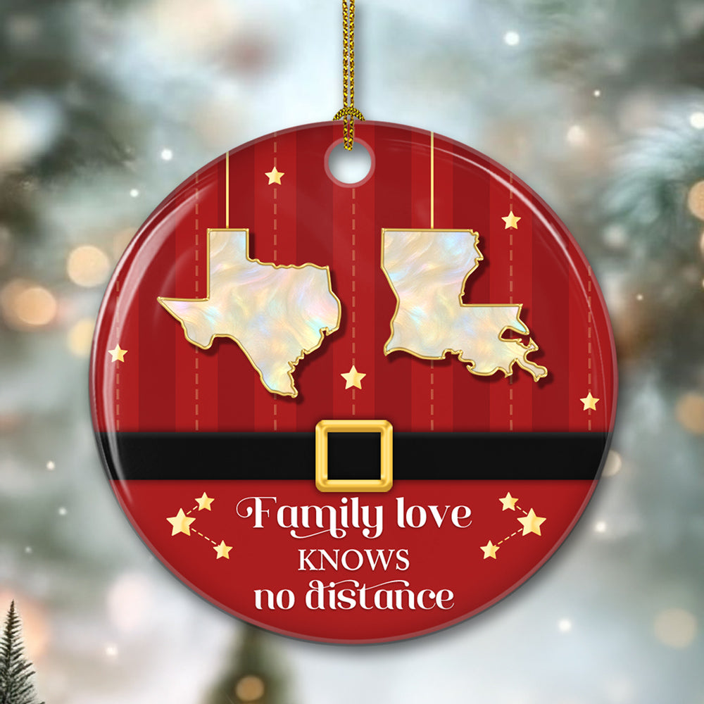 Custom Family Christmas Ornament for Long Distance Families •  Family Love Knows No Distance - Personalized 3D Effect Ceramic Ornament