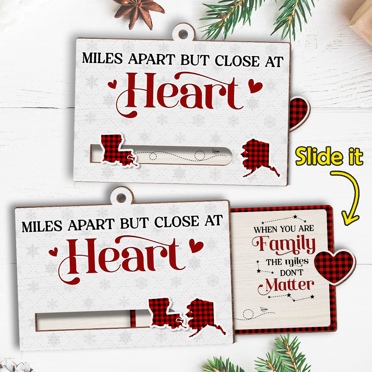 Custom Family Ornament, Christmas Gift for Family Members •  Miles Apart But Close At Heart - Personalized Slide Ornament
