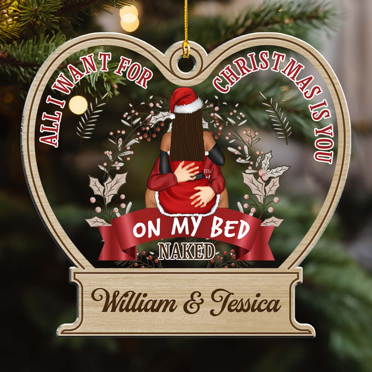 Custom Couple Christmas Ornament, Anniversary Gift •  Naked But Mainly Happy - Personalized Acrylic Ornament