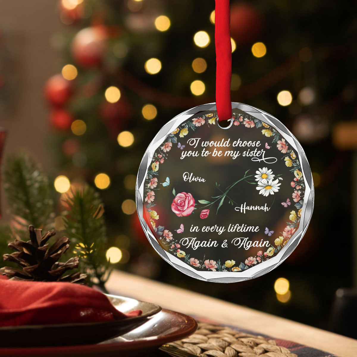Custom Sister Christmas Ornament •  Love Between Sisters Never Ends - Personalized Glass Ornament