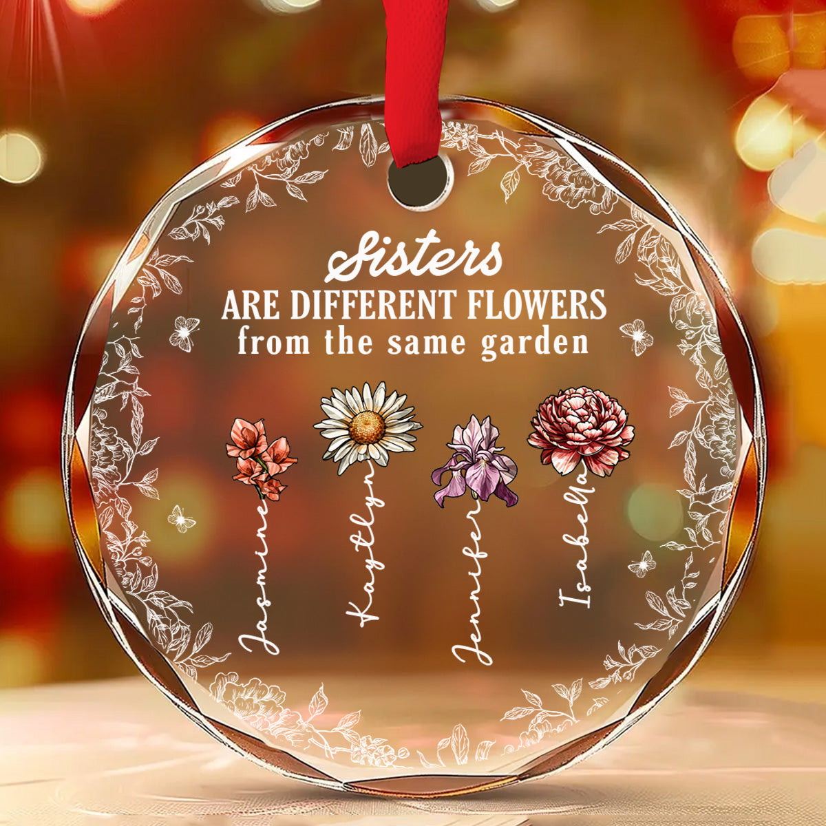 Custom Sister Christmas Ornament •  Sisters Grow Stronger Through Love - Personalized Glass Ornament
