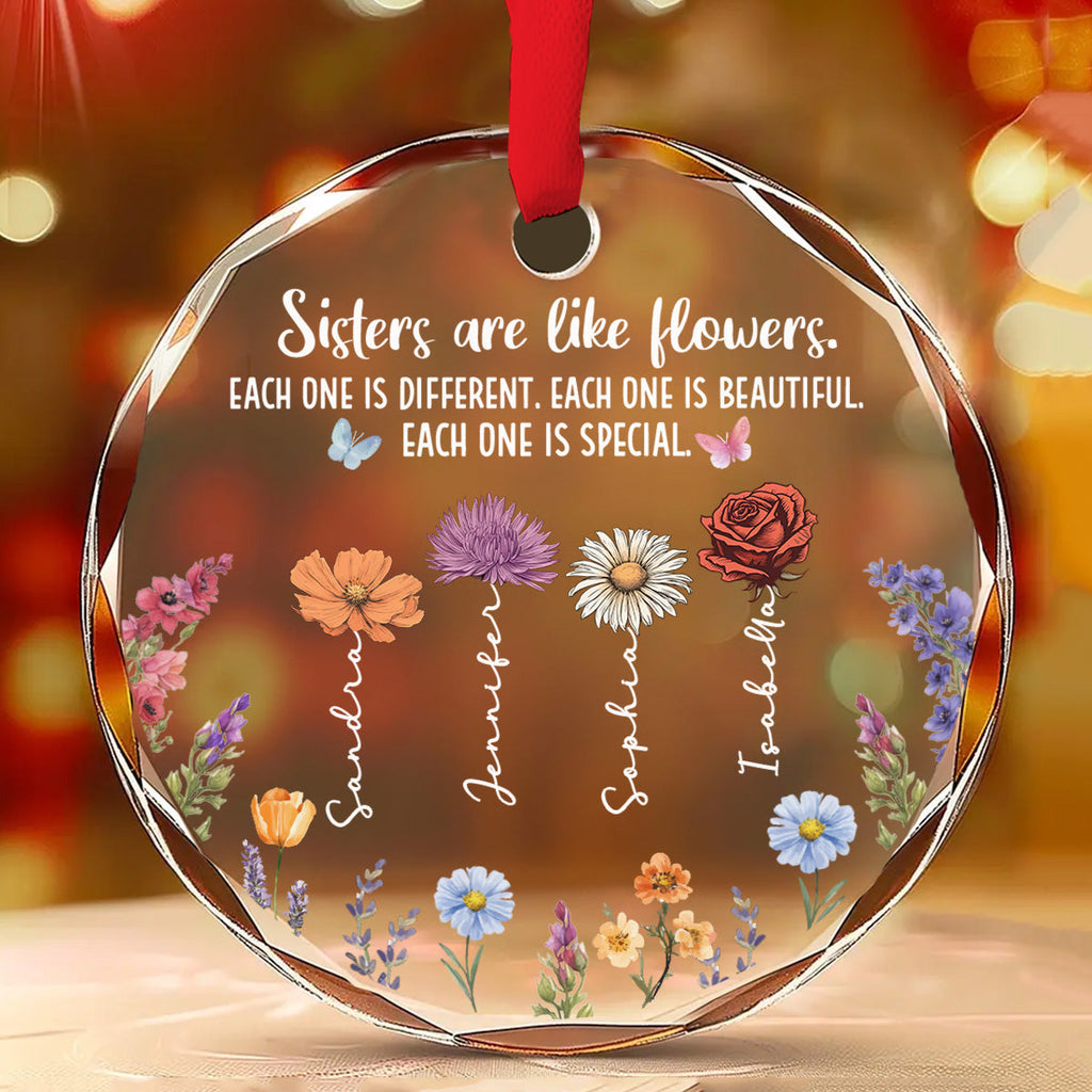 Custom Brothers & Sisters Christmas Ornament •  Sisters Bloom In Unique Beauty - Personalized Glass Ornament