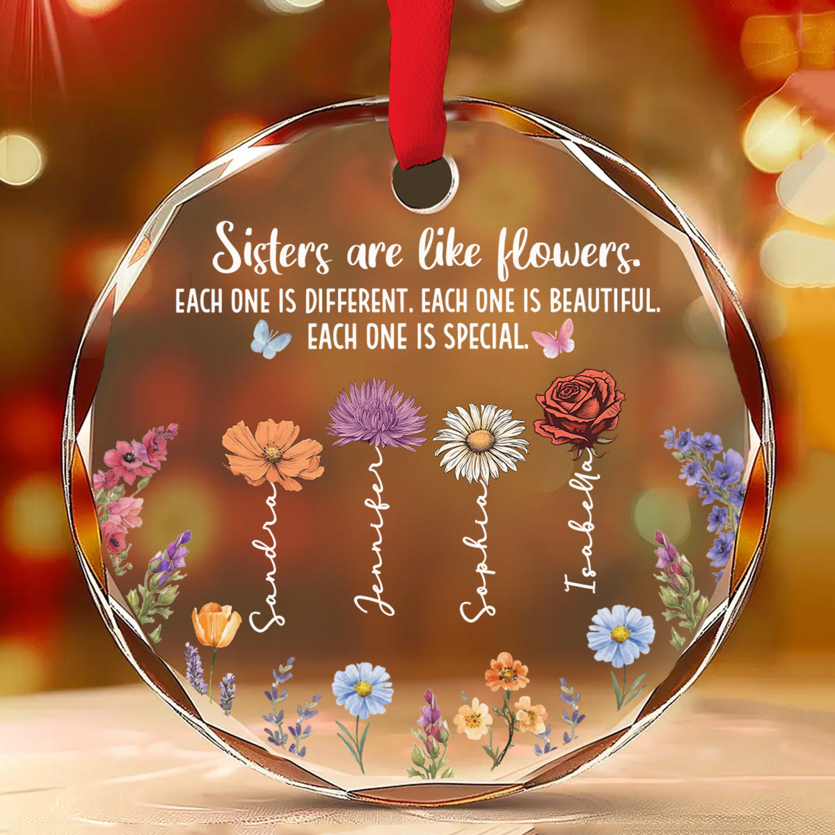 Custom Brothers & Sisters Christmas Ornament •  Sisters Bloom In Unique Beauty - Personalized Glass Ornament