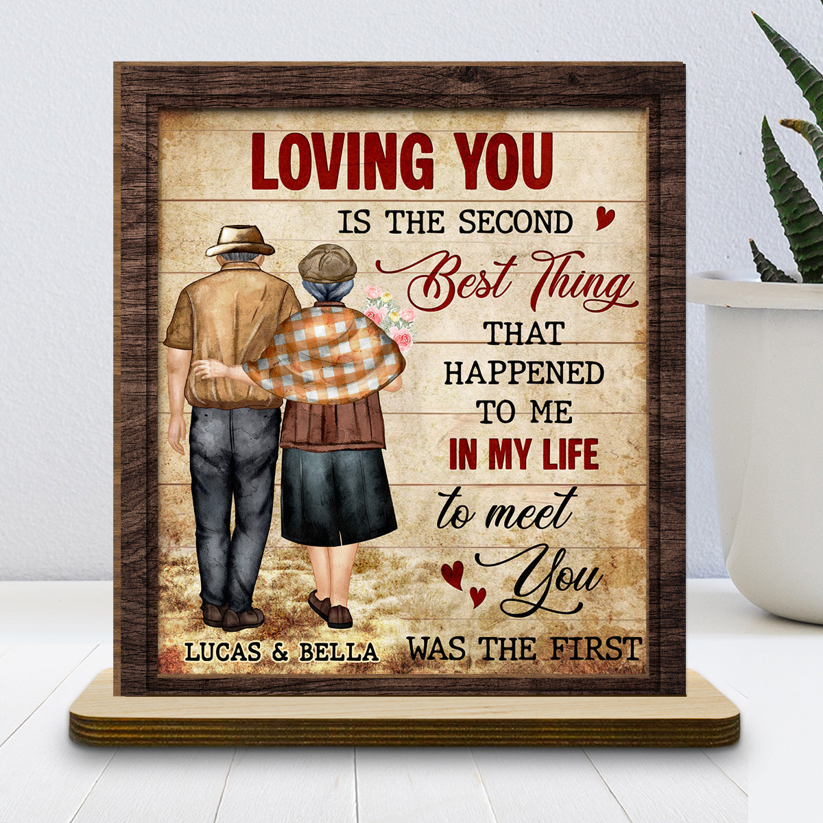 Custom Decor for Wife, Gift for Her • Loving You - Personalized 2-Layer Wood Plaque With Flat Base