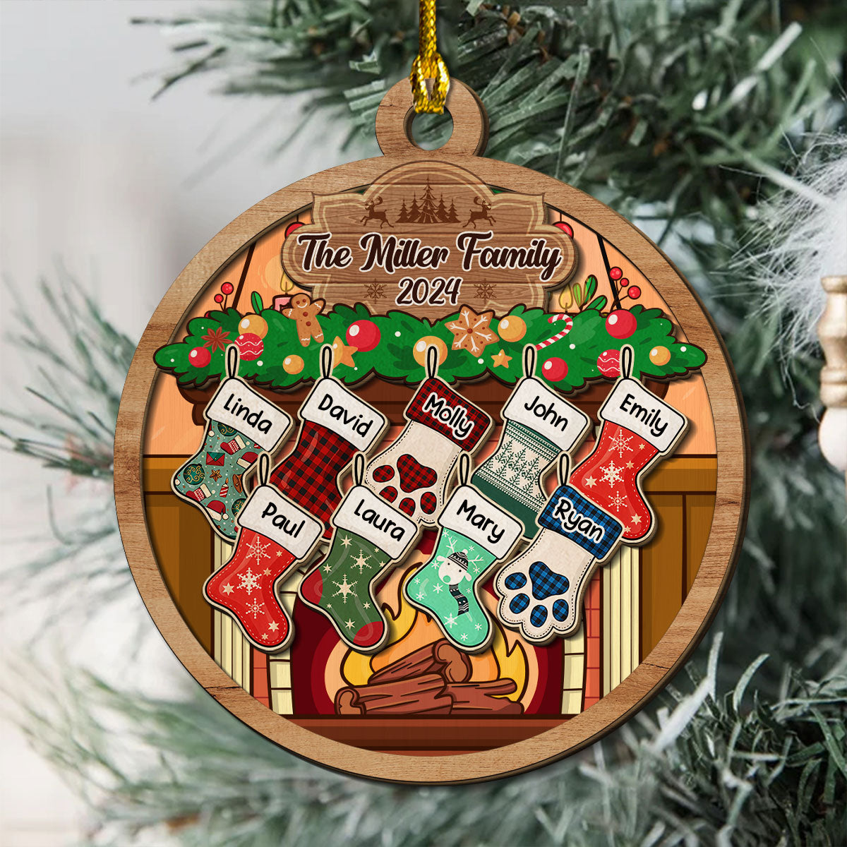 Custom Family Ornament, Christmas Gift for Family Members •  Happy Stockings - Personalized 2-Layered Wood Ornament