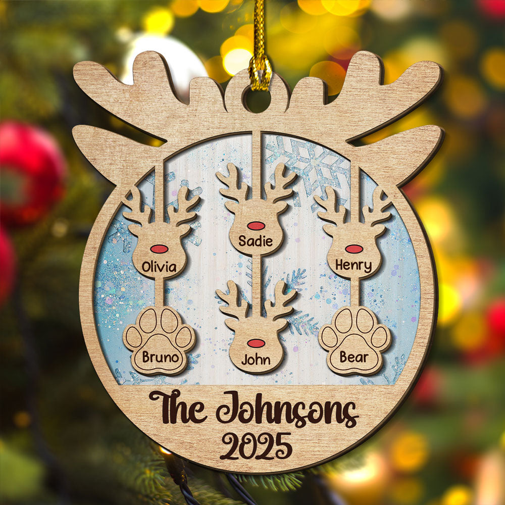Custom Family Ornament, Christmas Gift for Family Members •  Reindeer Family Name - Personalized 2-Layered Wood Ornament