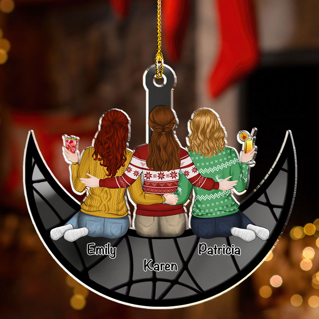Custom Friendship Christmas Ornament, Best Friend Gift •  Besties Sitting On The Moon - Personalized Mirrored Acrylic Ornament