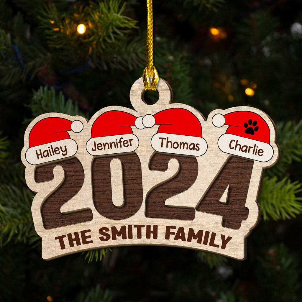 Custom Family Ornament, Christmas Gift for Family Members •  Family Santa Hat - Personalized 2-Layered Wood Ornament