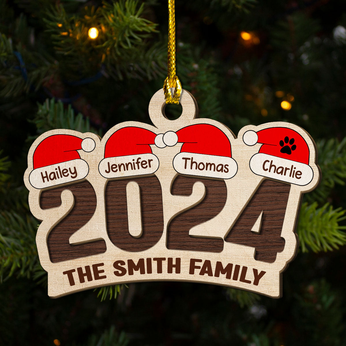 Custom Family Ornament, Christmas Gift for Family Members •  Family Santa Hat - Personalized 2-Layered Wood Ornament