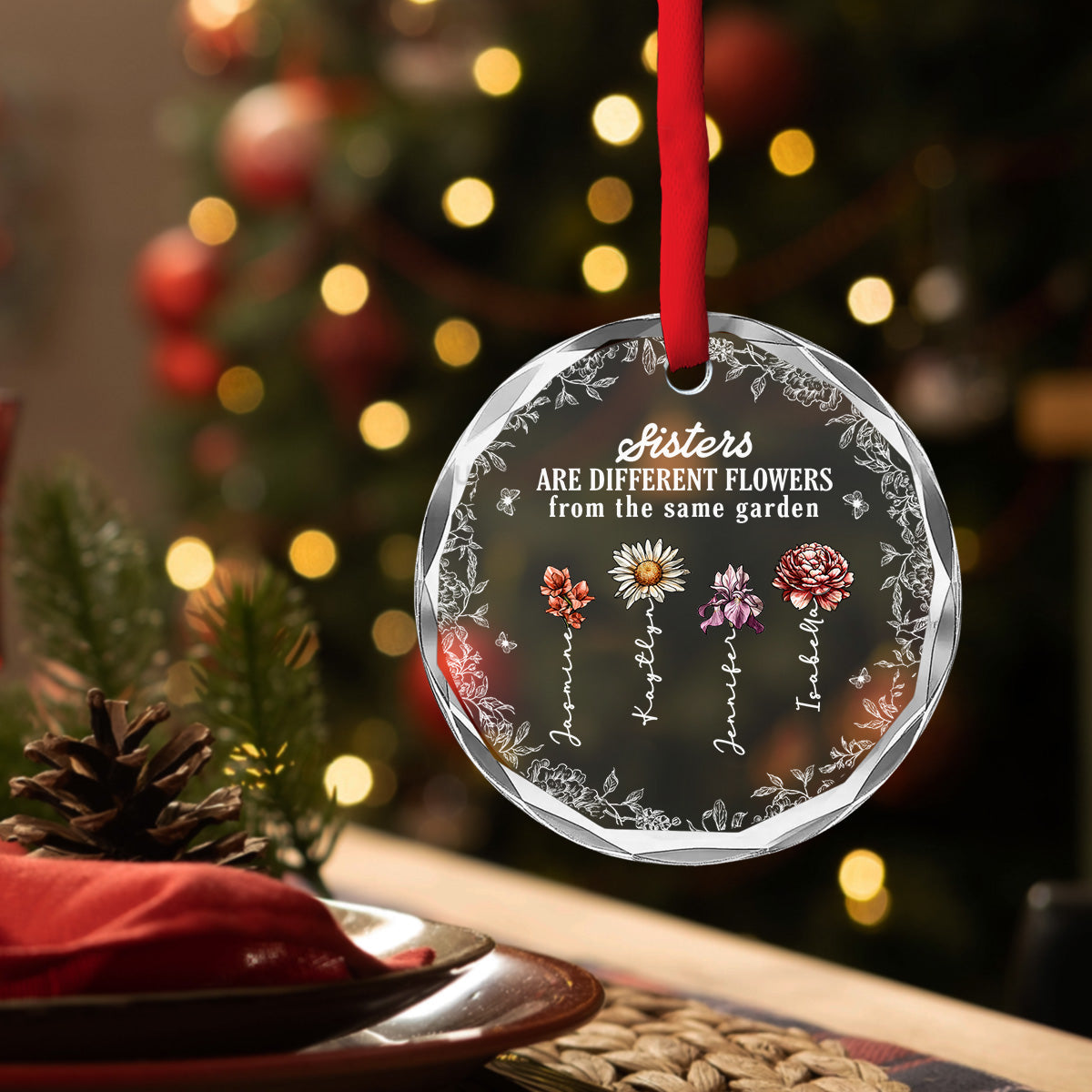 Custom Sister Christmas Ornament •  Sisters Grow Stronger Through Love - Personalized Glass Ornament